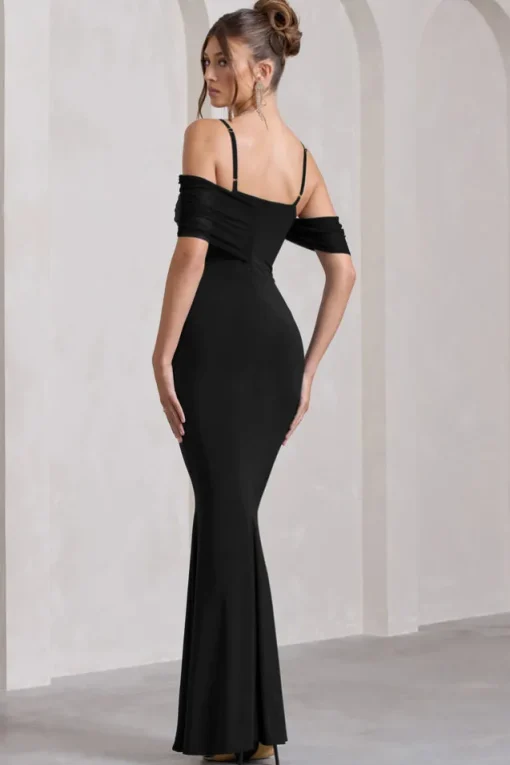 Miracle | Black Strappy Mesh Bardot Maxi Dress