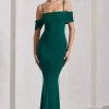 Miracle | Bottle Green Strappy Mesh Bardot Maxi Dress