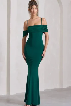 Miracle | Bottle Green Strappy Mesh Bardot Maxi Dress