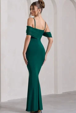 Miracle | Bottle Green Strappy Mesh Bardot Maxi Dress
