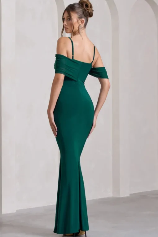 Miracle | Bottle Green Strappy Mesh Bardot Maxi Dress