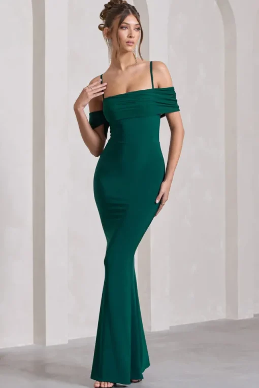 Miracle | Bottle Green Strappy Mesh Bardot Maxi Dress