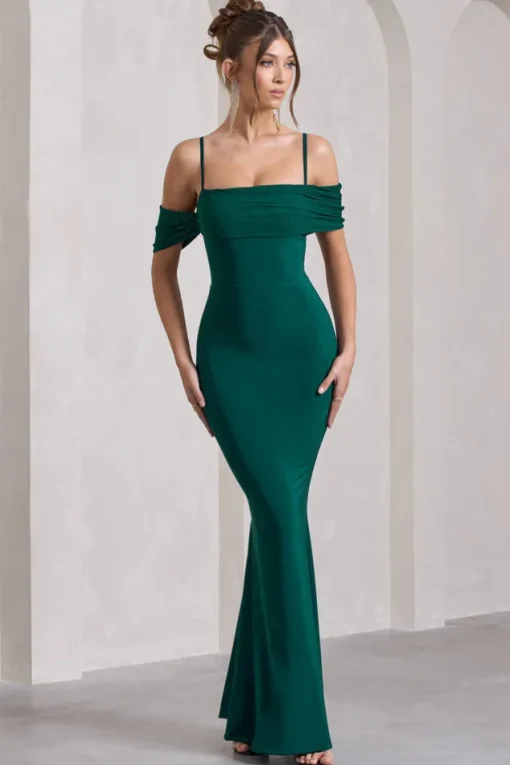 Miracle | Bottle Green Strappy Mesh Bardot Maxi Dress