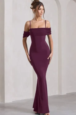 Miracle | Plum Strappy Mesh Bardot Maxi Dress