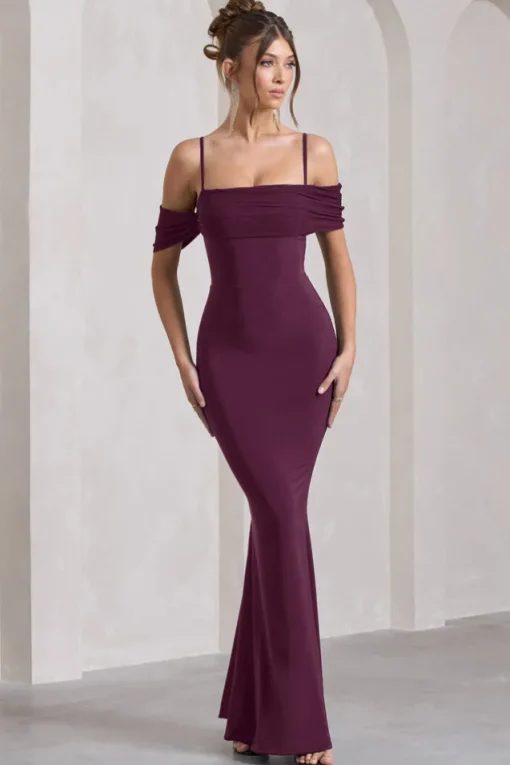 Miracle | Plum Strappy Mesh Bardot Maxi Dress