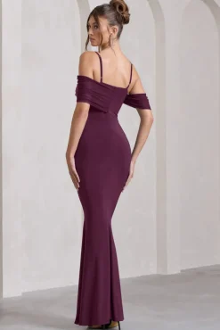 Miracle | Plum Strappy Mesh Bardot Maxi Dress