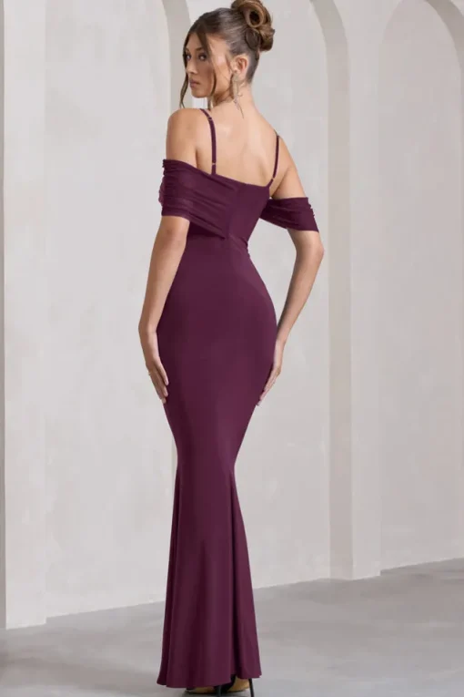 Miracle | Plum Strappy Mesh Bardot Maxi Dress