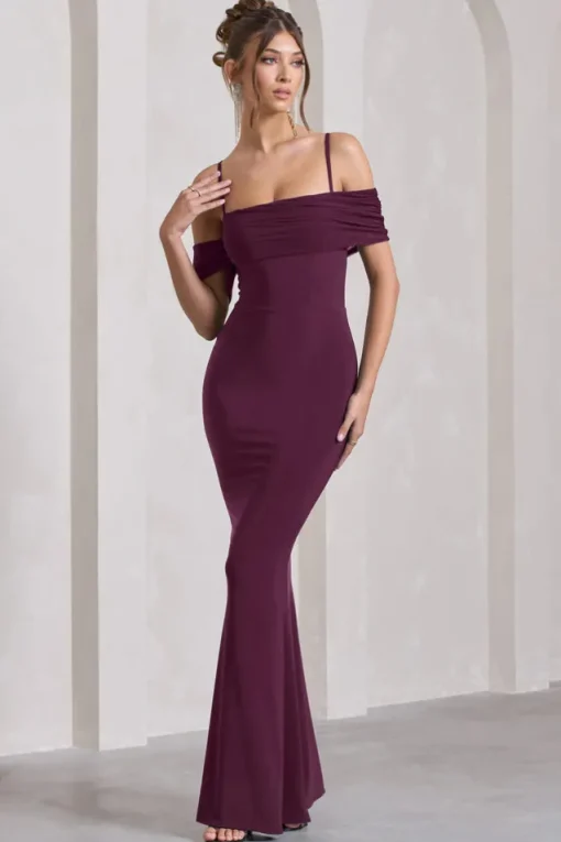 Miracle | Plum Strappy Mesh Bardot Maxi Dress