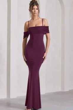 Miracle | Plum Strappy Mesh Bardot Maxi Dress