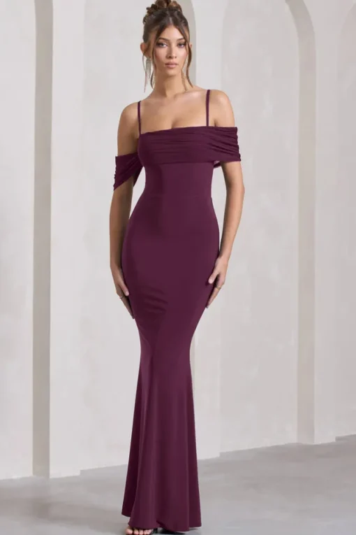 Miracle | Plum Strappy Mesh Bardot Maxi Dress