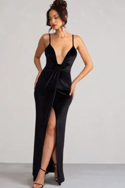 Miranda | Black Velvet Plunge Neck Twist Maxi Dress
