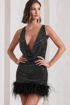 Mirror Me | Black Velvet Embellished Cowl-Neck Mini Dress With Feather Trim