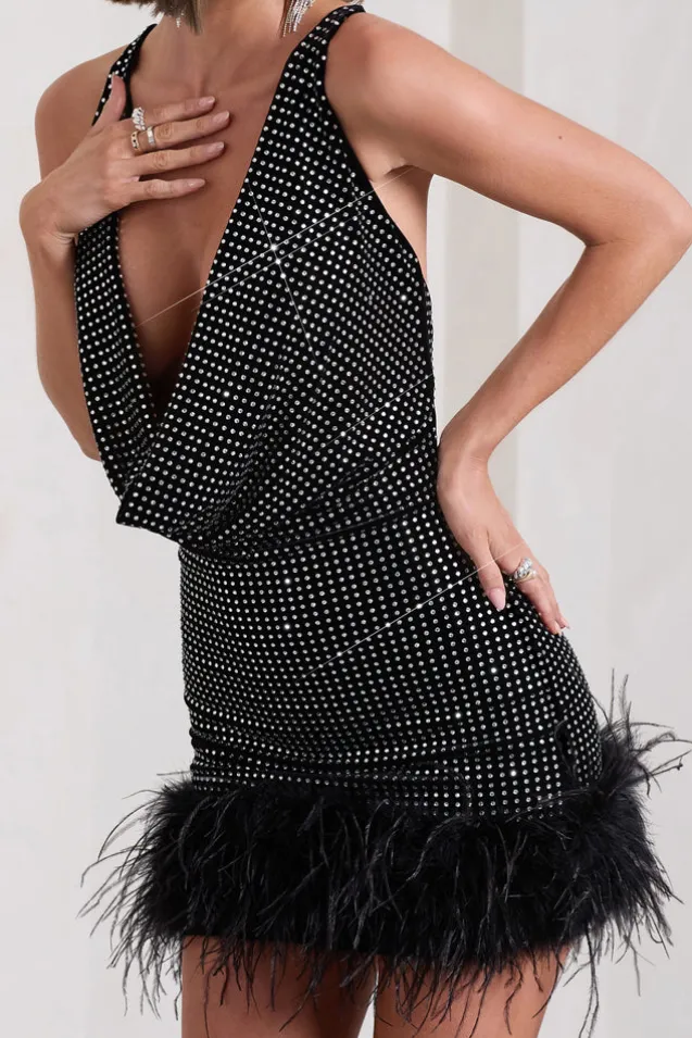 Mirror Me | Black Velvet Embellished Cowl-Neck Mini Dress With Feather Trim