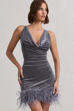 Mirror Me | Silver Velvet Embellished Cowl-Neck Mini Dress With Feather Trim