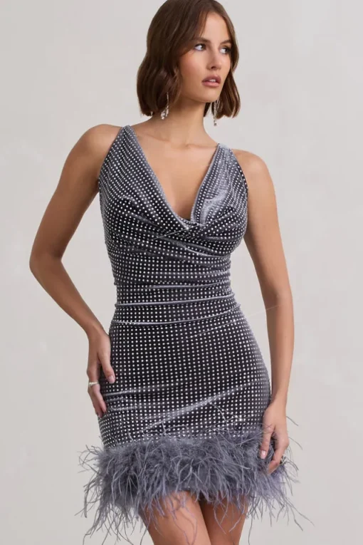 Mirror Me | Silver Velvet Embellished Cowl-Neck Mini Dress With Feather Trim
