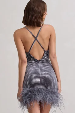 Mirror Me | Silver Velvet Embellished Cowl-Neck Mini Dress With Feather Trim