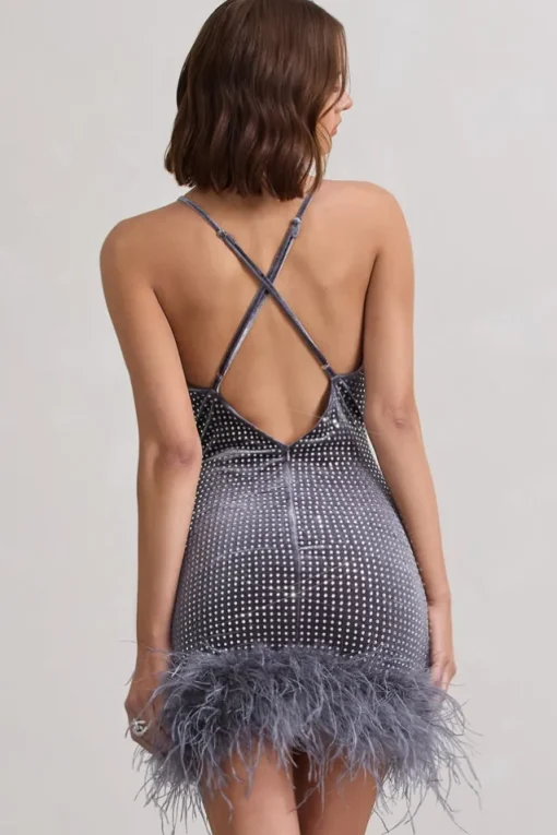 Mirror Me | Silver Velvet Embellished Cowl-Neck Mini Dress With Feather Trim