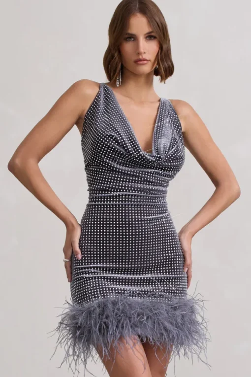 Mirror Me | Silver Velvet Embellished Cowl-Neck Mini Dress With Feather Trim