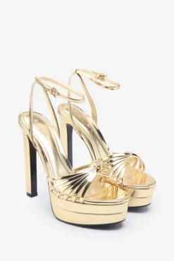 Mirror Mirror | Gold Mirror Strappy Heeled Platform Sandals
