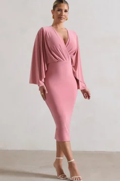 Mishka | Blush Pink Plunge-Neck Cape Midi Dress