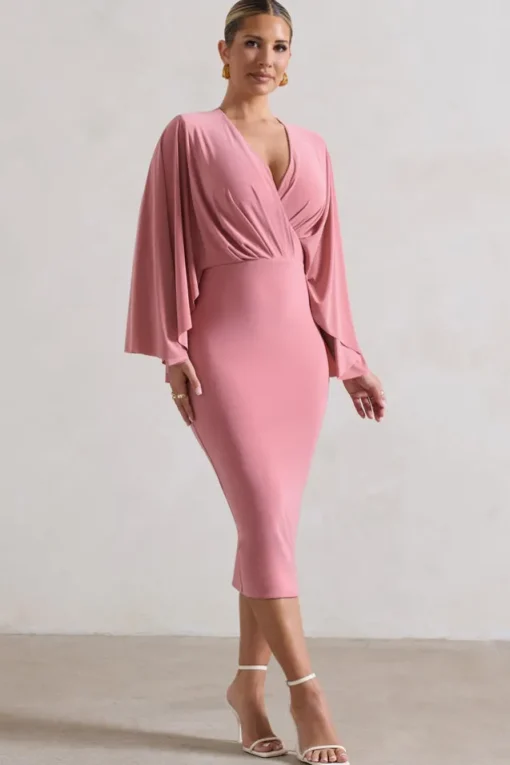 Mishka | Blush Pink Plunge-Neck Cape Midi Dress