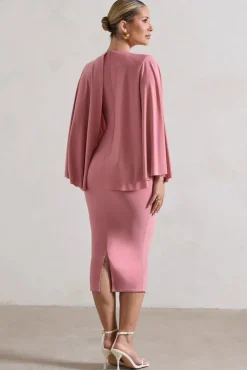 Mishka | Blush Pink Plunge-Neck Cape Midi Dress