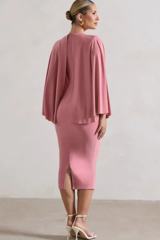 Mishka | Blush Pink Plunge-Neck Cape Midi Dress