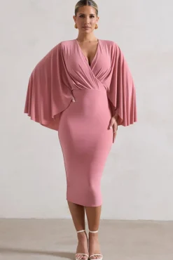 Mishka | Blush Pink Plunge-Neck Cape Midi Dress