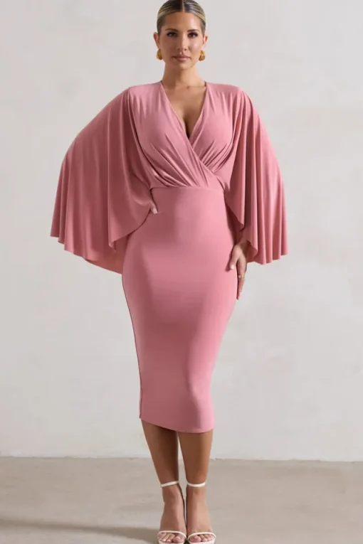 Mishka | Blush Pink Plunge-Neck Cape Midi Dress