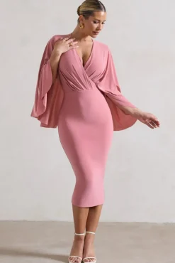Mishka | Blush Pink Plunge-Neck Cape Midi Dress