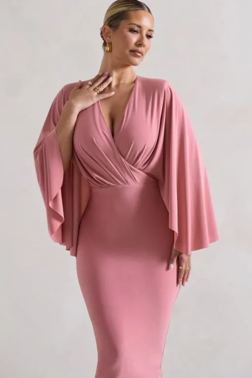 Mishka | Blush Pink Plunge-Neck Cape Midi Dress