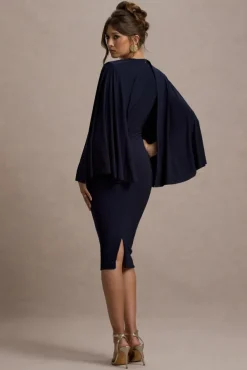 Mishka | Navy Plunge-Neck Cape Midi Dress