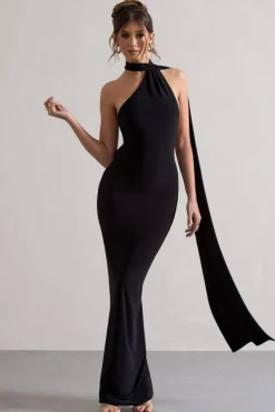 Miss | Black One Shoulder Backless Maxi Dress With Scarf