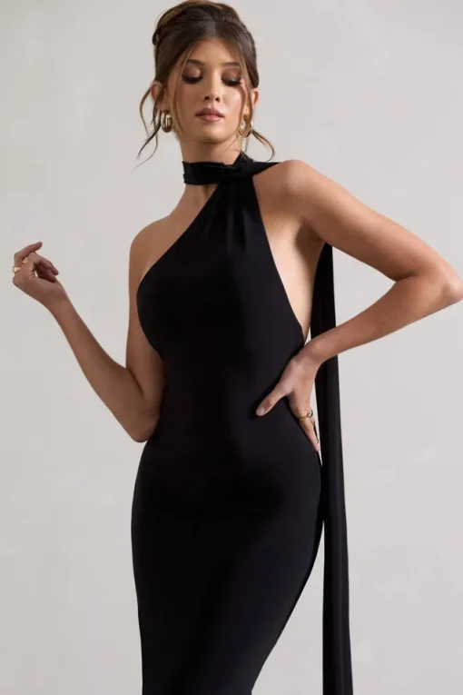Miss | Black One Shoulder Backless Maxi Dress With Scarf