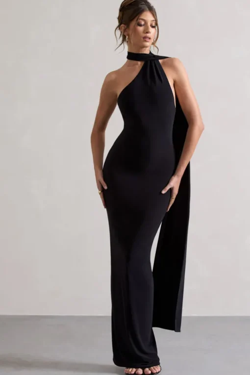 Miss | Black One Shoulder Backless Maxi Dress With Scarf