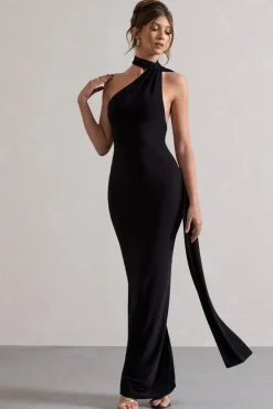 Miss | Black One Shoulder Backless Maxi Dress With Scarf