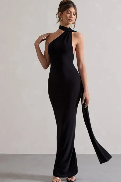 Miss | Black One Shoulder Backless Maxi Dress With Scarf