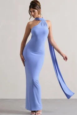 Miss | Pale Blue One Shoulder Backless Maxi Dress With Scarf