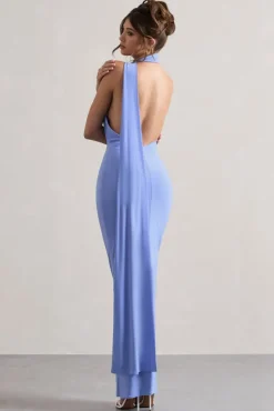 Miss | Pale Blue One Shoulder Backless Maxi Dress With Scarf