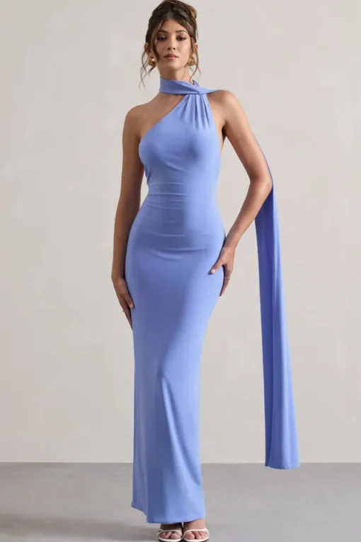 Miss | Pale Blue One Shoulder Backless Maxi Dress With Scarf