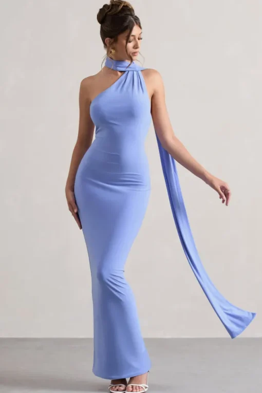 Miss | Pale Blue One Shoulder Backless Maxi Dress With Scarf