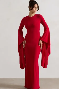 Modena | Red Waterfall Sleeve Maxi Dress