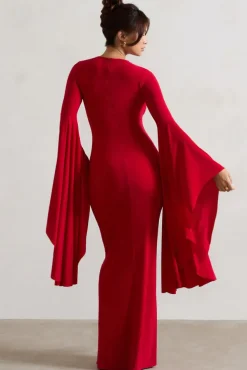 Modena | Red Waterfall Sleeve Maxi Dress