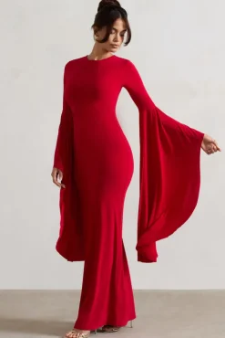 Modena | Red Waterfall Sleeve Maxi Dress
