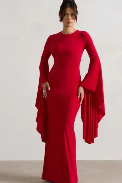Modena | Red Waterfall Sleeve Maxi Dress
