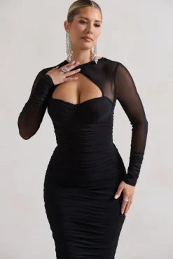 Mojito | Black Ruched Cut-Out Long-Sleeve Midi Dress