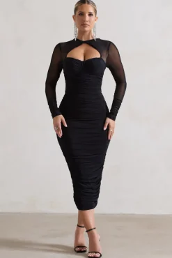 Mojito | Black Ruched Cut-Out Long-Sleeve Midi Dress