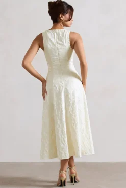 Mona | Ecru Jacquard Plunge-Neck Button Midi Dress