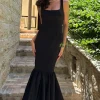 Monet | Black Square-Neck Maxi Dress With Volume Hem