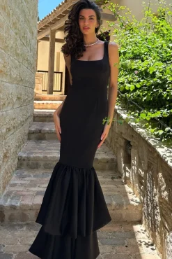 Monet | Black Square-Neck Maxi Dress With Volume Hem